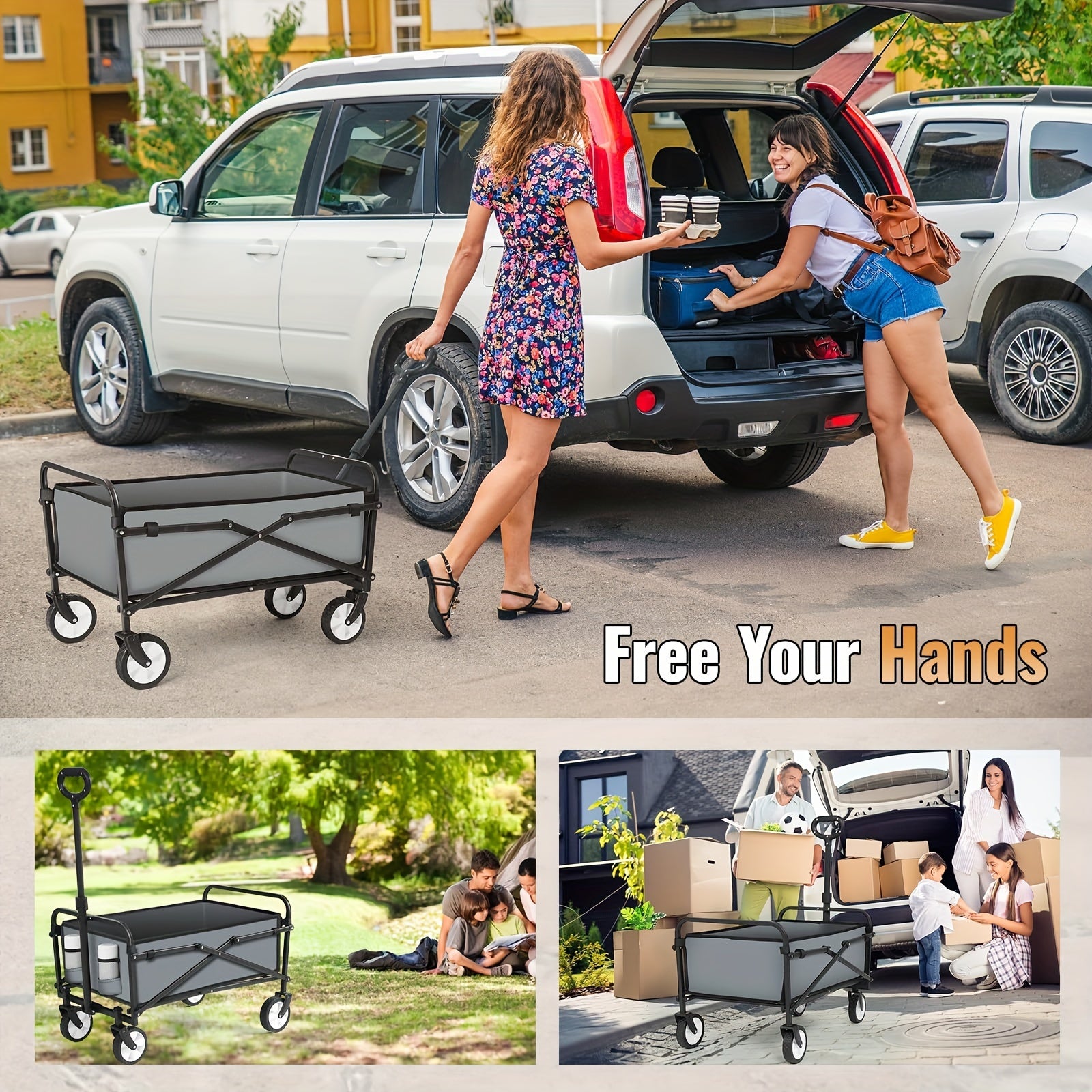 200LBS/230LBS Weight Wagon Cart Foldable, Collapsible Folding Wagon With All-Terrain Wheels & Adjustable Handle, Portable Heavy Duty 200LBS Weight Capacity For Grocery Shopping, Sport, Camping, Garden, Outdoor Use Beauty World Shop