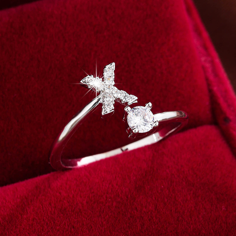 Fashionable 26 English Letters Four-Prong Synthetic Synthetic Zirconia Open Adjustment Ring Beauty Fashion