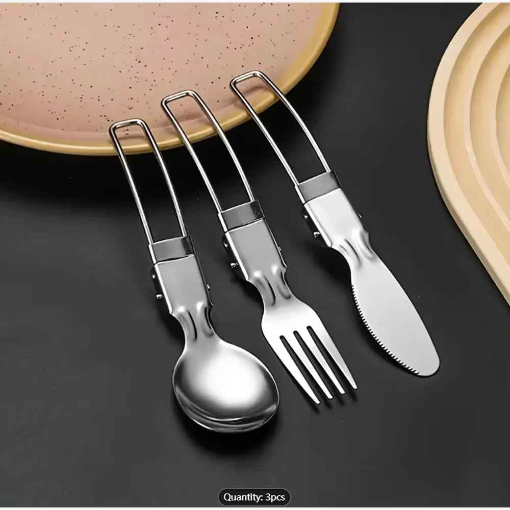 3Pcs/1Set Portable Outdoor Camping Travel Picnic Foldable Stainless Steel Cutlery Set Spoon Fork Knife Tableware Outdoor Travel