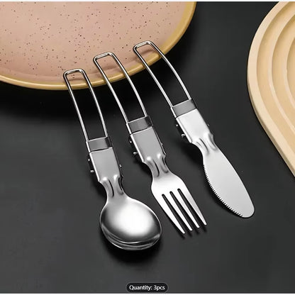 3Pcs/1Set Portable Outdoor Camping Travel Picnic Foldable Stainless Steel Cutlery Set Spoon Fork Knife Tableware Outdoor Travel