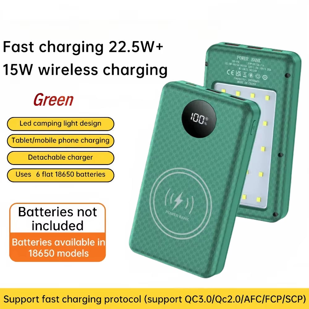 6*18650 20000Mah Power Bank Case 22.5W Fast Charging 15W Wireless Charging Mobile Power Bank Housing Battery Holder for Phone