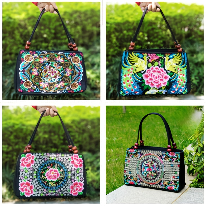 Embroidered Handbag, Double Zipper Bag, Women's Printed Handbag Beauty Fashion