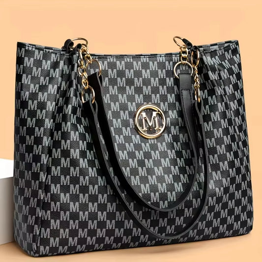 Vintage Geometric Tote Bag Synthetic Leather Letter "M" Design for Women Handbag Shoulder Bag Large Capacity Shopping Travel Bag