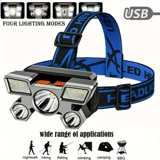 Dericam USB Rechargeable 5 LED Headlamp with Built-In Battery - Portable High-Power LED Torch, 800 Lumen Brightness, 1181.1inch Range, 4 Lighting Modes (Flashlight, SOS, Strobe Beauty Fashion