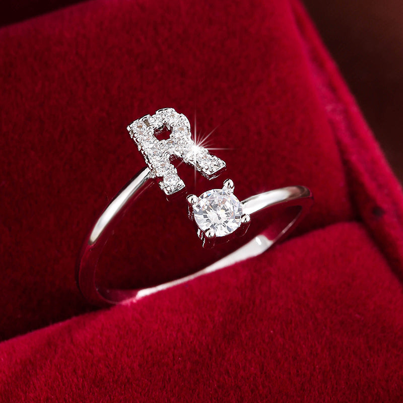 Fashionable 26 English Letters Four-Prong Synthetic Synthetic Zirconia Open Adjustment Ring Beauty Fashion
