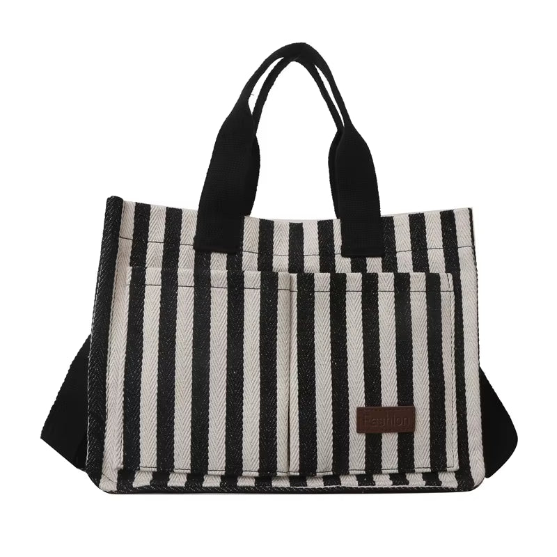 Cool Street Handbag, Large Capacity Women'S Shoulder Bag, Trendy Striped Canvas Crossbody Bag, Fashion Travel Shopping Tote Bag