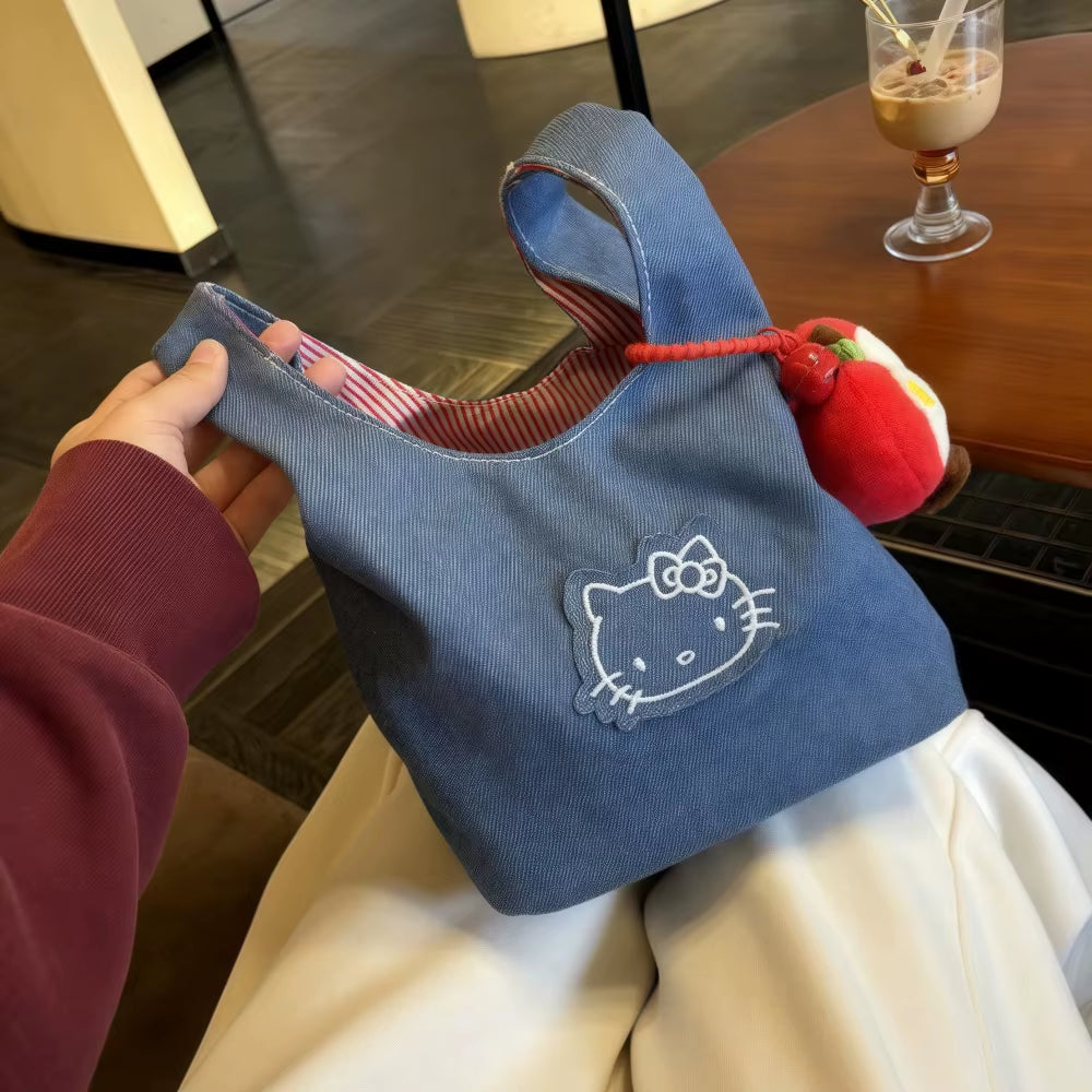 Kitty Shoulder Bag Cute Denim Embroidered Large Capacity Portable Handbag for Walking Outdoors Office Commute and Lunch Carry