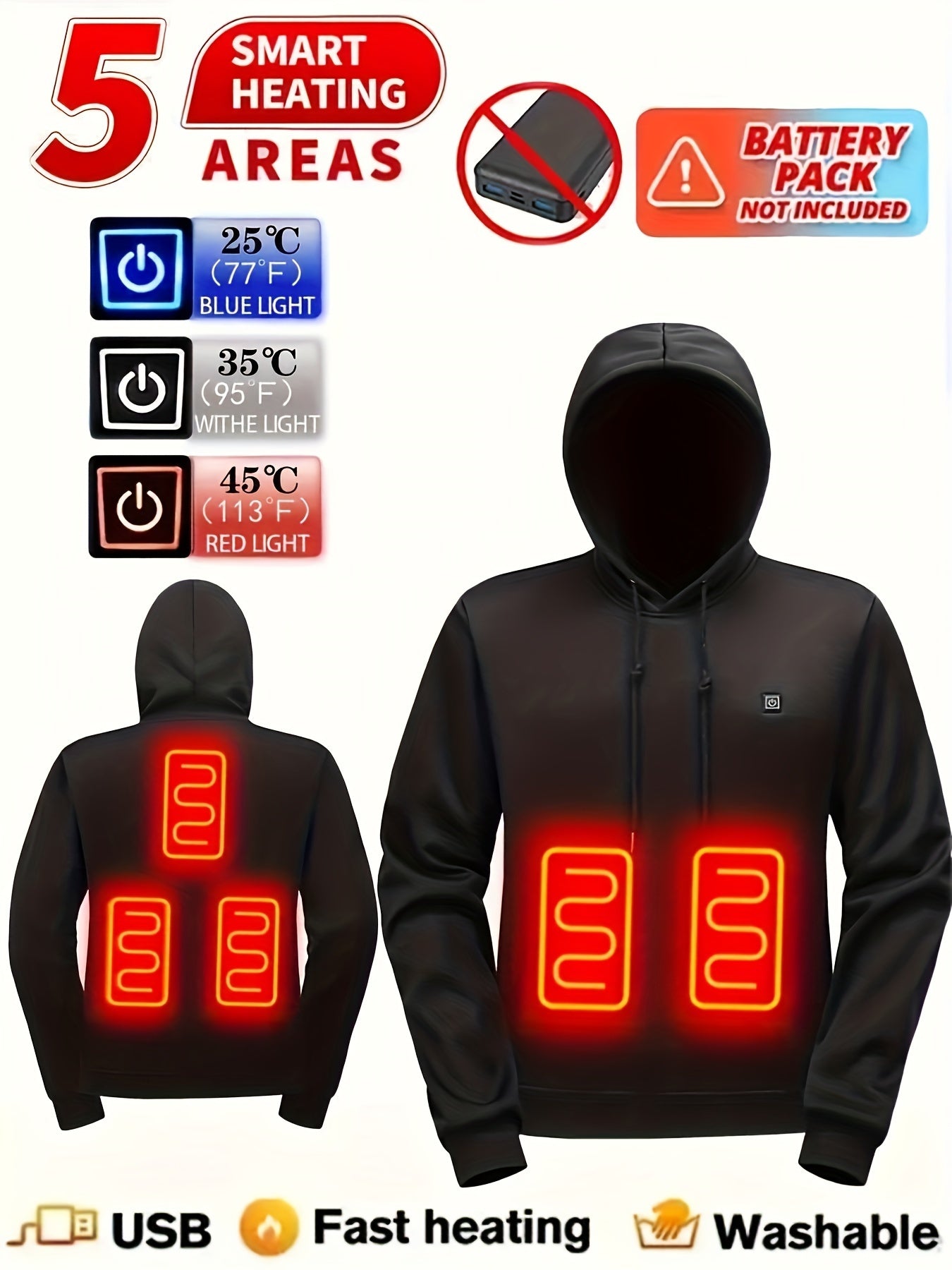 5 Heating Zones Heated Hooded Sweatshirt For Men – Autumn/Winter Outdoor Sport Pullover With Kangaroo Pocket – Battery Pack Not Included Beauty World Shop