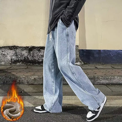 Winter Fleece Loose Jeans, Loose Straight Velvet Warm and Comfortable Elastic Waist Wide Leg Pants Brand Men'S Clothing