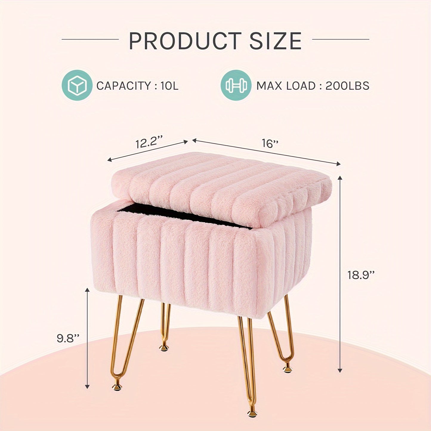 Vanity Storage Ottoman Chair, Makeup Vanity Chair With Metal Legs & Soft Faux Fur Surface, Flip Top Foot Rest With Soft Padded Seat For Bedroom Living Room Beauty World Shop