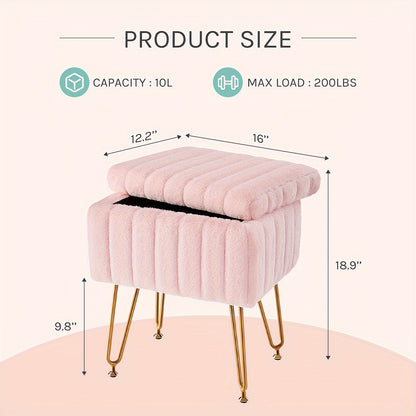 Vanity Storage Ottoman Chair, Makeup Vanity Chair With Metal Legs & Soft Faux Fur Surface, Flip Top Foot Rest With Soft Padded Seat For Bedroom Living Room Beauty World Shop