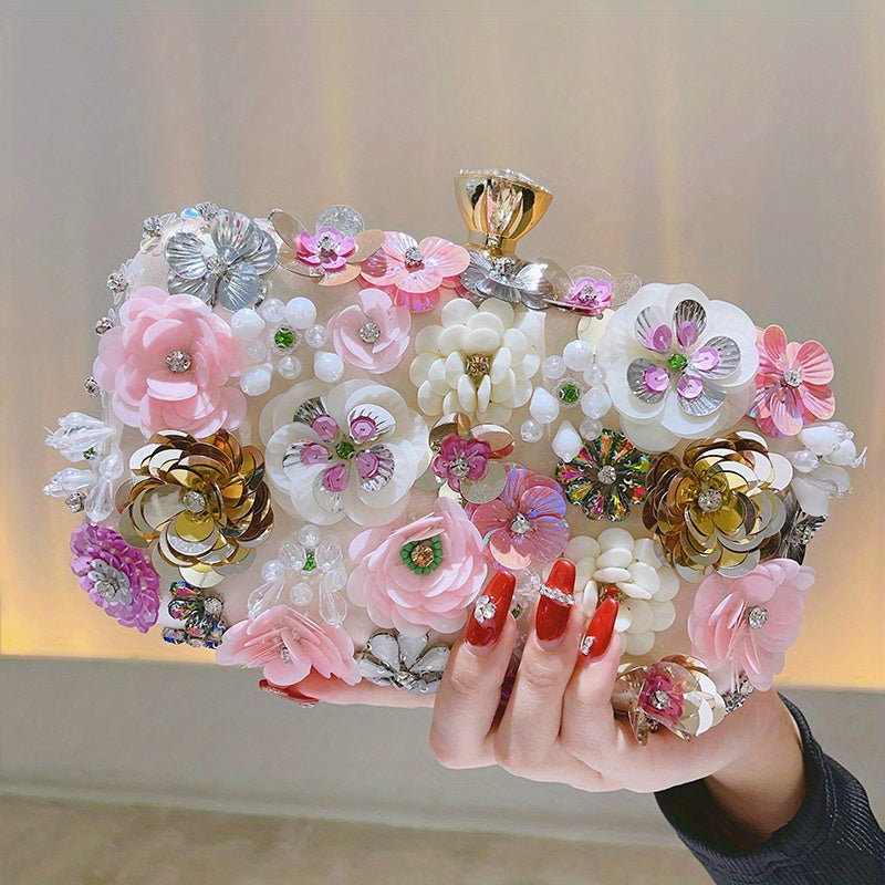 3D Beaded Elegant Evening Bag, Flower Box Clutch Purse for Women's Wedding Party Prom Beauty Fashion