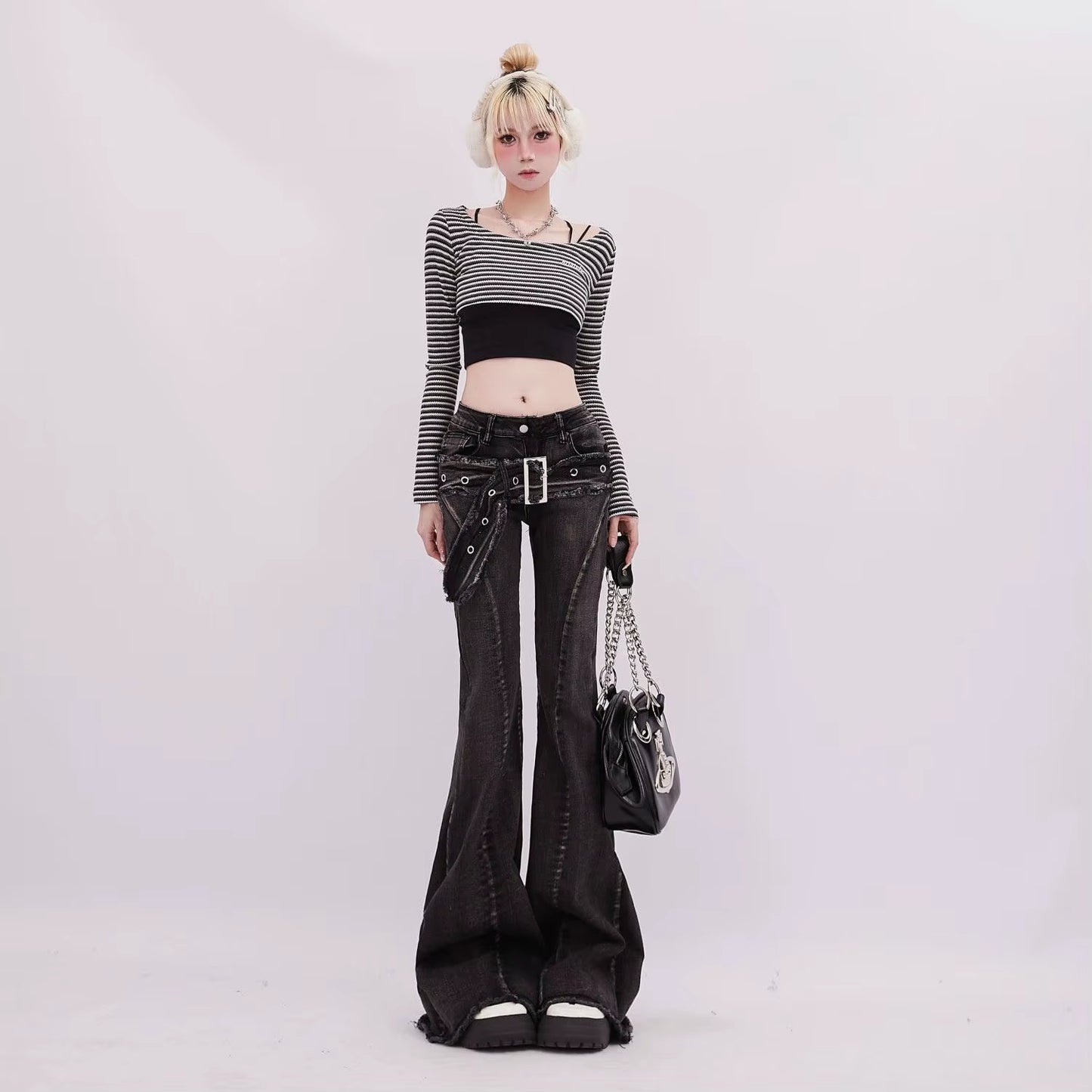 Vintage Slim Micro-Flare Jeans Women Ins Fashionable Splicing Belt Edge Y2K Pants High Waist Straight American Street Trousers