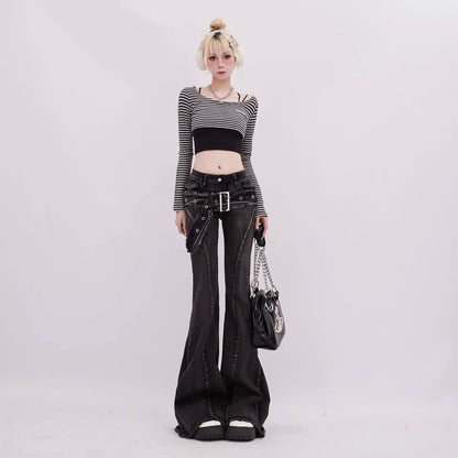 Vintage Slim Micro-Flare Jeans Women Ins Fashionable Splicing Belt Edge Y2K Pants High Waist Straight American Street Trousers