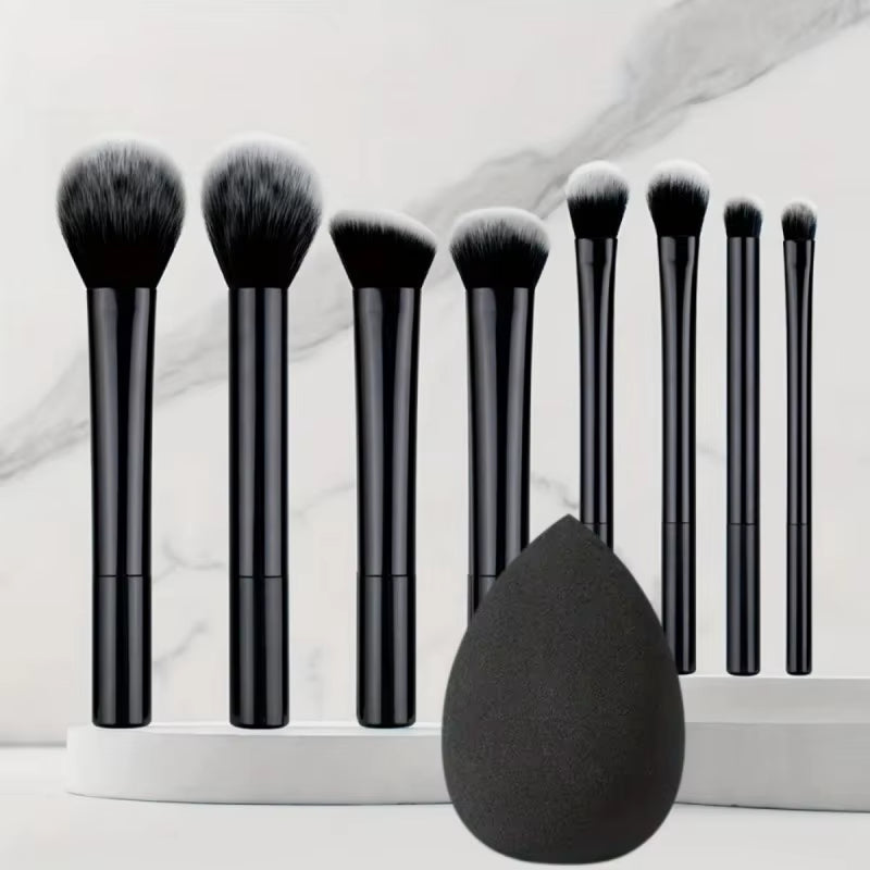9Pcs Multifunctional Black Makeup Brush Set with 1Pc Beauty Egg,Soft Bristles for All Skin Types, Alcohol-Free Cosmetic Brushes
