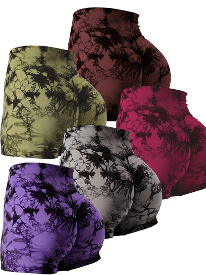 5-Pack Tie-Dye Fitness Shorts for Women, High Waist Scrunch Butt Gym Yoga Peach Booty Shorts, Sport Style Beauty World Shop