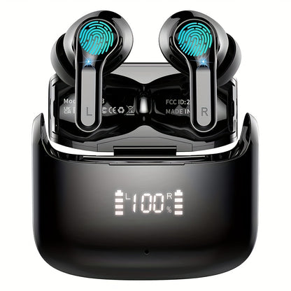 [40H Wireless Earbud] 40H Wireless Earbud, 5.3 Stereo Bass Earphones | Dual Mic Call, USB-C LED Display, Sport Headset