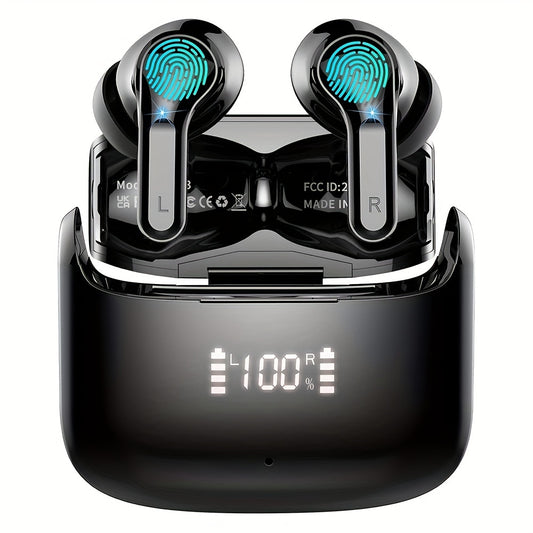 [40H Wireless Earbud] 40H Wireless Earbud, 5.3 Stereo Bass Earphones | Dual Mic Call, USB-C LED Display, Sport Headset